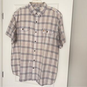 Carhartt Short Sleeve Button Down Beige Blue Plaid Shirt Men’s XXL